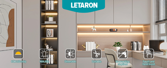 LETARON COB ไฟเส้น LED 24V ไฟเทป LED, 480 ชิ้น/เมตร LED, สว่างพิเศษ ลูเมนสูง 3000K วอร์มไวท์ 3 เมตร, หรี่แสงได้พร้อมเทป 3M, แหล่งจ่ายไฟ UL 30W, สวิตช์สัมผัสสำหรับห้องนอน, บ้าน, ครัว DIY