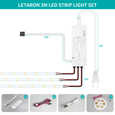 ไฟเส้น LED LETARON COB, ไฟเทป LED 24V, LED 480 ชิ้น/เมตร, สว่างพิเศษ ลูเมนสูง 6000K สีขาว 3 เมตร, หรี่แสงได้ พร้อมเทป 3M, แหล่งจ่ายไฟ UL 30W, สวิตช์สัมผัสสำหรับห้องนอน, บ้าน, DIY ในครัว