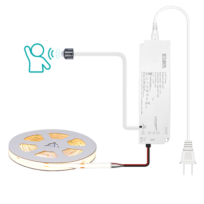 ไฟเส้น LED LETARON COB, ไฟเทป LED 24V, LED 480 ชิ้น/เมตร, สว่างพิเศษ ลูเมนสูง 3000K วอร์มไวท์ 5 เมตร, หรี่แสงได้ พร้อมเทป 5 เมตร, อะแดปเตอร์ไฟ UL 60W, สวิตช์ PIR สำหรับห้องนอน, บ้าน, ครัว DIY
